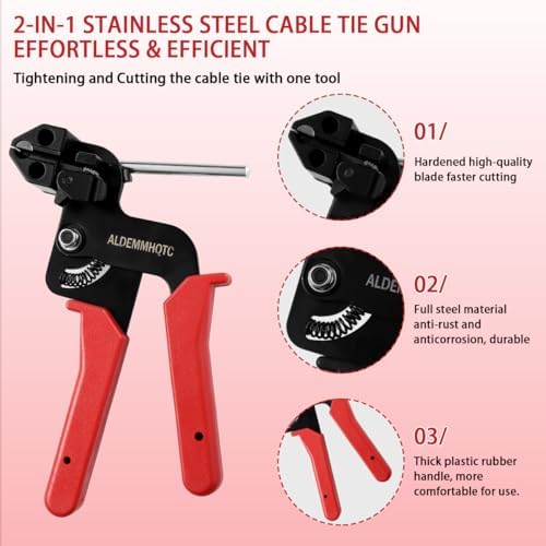Metal Zip Tie Tool 300PCS (100 Each: 7.8/12/15.7 Inch) Stainless Steel Cable Tie Gun Kit | Self-Locking Fastening & Cutting Tool Metal Zip Tie Gun for Fencing, Exhaust Pipes, Automotive (Red) - Image 2