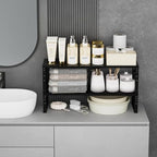 Jojocross Expandable Cabinet Shelf Organizer Storage Spice Rack Shelves for Kitchen Stackable Adjustable Pantry Cupboard Bathroom Countertop Desktop(2Packs/Black/Large-with Hole) - Image 3