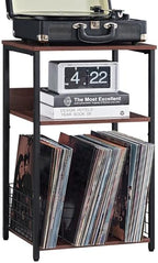 LELELINKY 3 Tier End Table,Record Player Stand with Storage Up to 100 Albums, Turntable Stand for Vinyl, Walnut Couch Nightstand Side Tables for Living Room Bedroom by LELELINKY