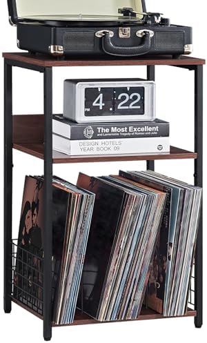 LELELINKY 3 Tier End Table,Record Player Stand with Storage Up to 100 Albums, Turntable Stand for Vinyl, Walnut Couch Nightstand Side Tables for Living Room Bedroom by LELELINKY