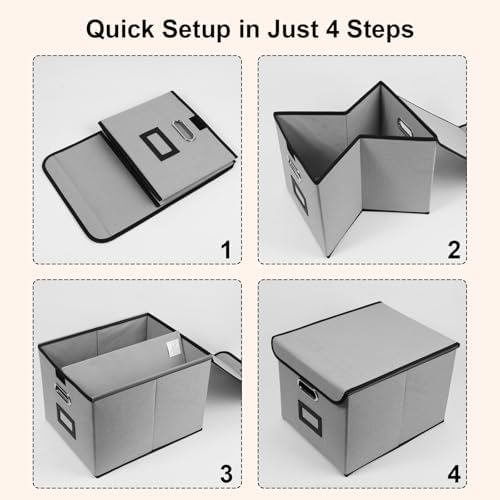 File Storage Box with Lid, 15.55x12.87x10.43 Inches, Foldable Organizer with Handles & Label Slot, for File Storage, Home, Office, and Closet Organization(4 Packs, Grey) - Image 5