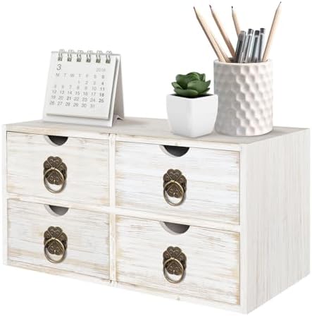 Wood Desk Organizer, White Wooden Desktop Organizer with Drawer, Tabletop Storage Organization Box for Countertop, Home Office Supplies Bills, 13.5x6.6x7.09 Inch(4 Drawer) by SEEKELEGANT