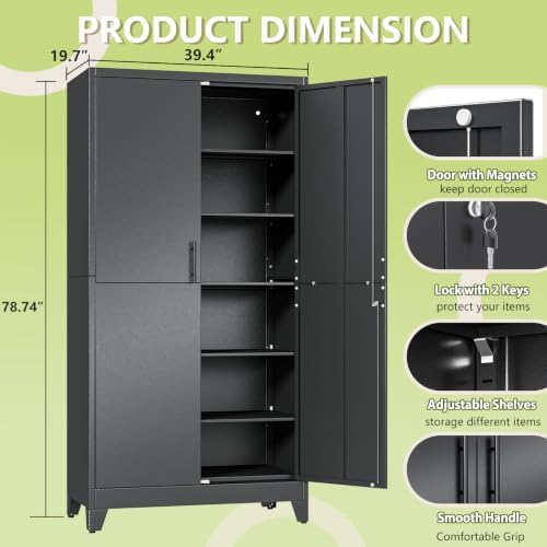 Black Kitchen Pantry Cabinets, 79 Metal Lockable Storage for Office - Image 2