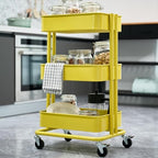 3 Tier Rolling Cart Metal Heavy Duty Utility Cart with Silent Caster Lockable Wheel Multi-Functional Organization Carts Storage Trolley with Mesh Shelves for Office Kitchen Living Room Yellow - Image 5