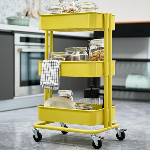 3 Tier Rolling Cart Metal Heavy Duty Utility Cart with Silent Caster Lockable Wheel Multi-Functional Organization Carts Storage Trolley with Mesh Shelves for Office Kitchen Living Room Yellow - Image 5