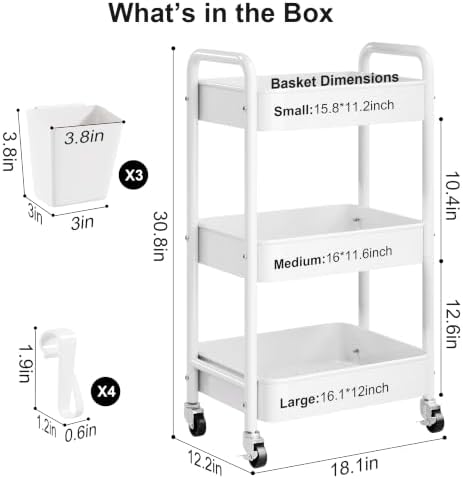 3 Tier Rolling Cart Metal with Wheels, White Three Tiered Carts on Wheels - Image 2