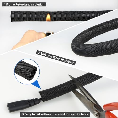 Split Braided Cable Sleeve，Flexible Wire Loom Tubing, Automotive Cord Protector Pet Proof, Cable Management for Computer TV Electric Wires Harness 16ft (Black, 30mm（1-3/16") - Image 4