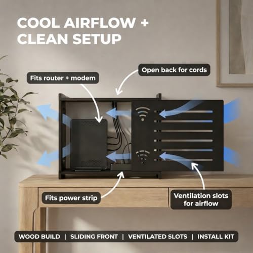 Router Box Hider, Router Shelf WiFi Box Hider, Wooden WiFi Storage Cabinet with Sliding Panel, Vented Back, Cable Management, Modem Cover, Cords & Power Strip, Wall Mount or Tabletop (Black) - Image 3