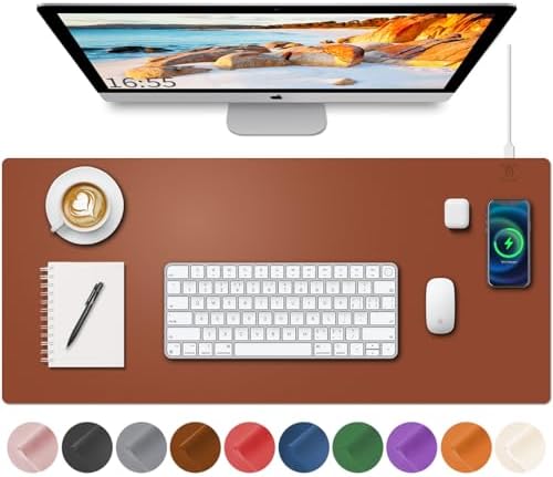 Desk Mat with Wireless Charging, Brown Mouse Pad with Wireless Charger, Desk Pad Matt for Desktop, Mousepad Gaming Large Mouse Pad, Leather Compute for Keyboard and Mouse, 32" x 16" by HopeLum