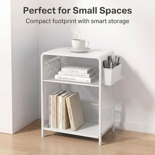 ECOLOVI Small 3 Tier Printer Stand for Under Desk, Height Adjustable Shelf Printer Table with 3 S-Hooks & Basket, Heavy Duty Industrial Storage Shelf for Home Office (White) - Image 2