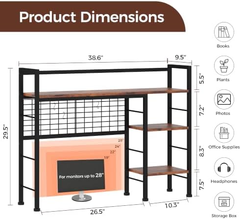 Desk Shelf,38.6" Desk Organizer Shelf,Wooden Desk Hutch for Computer Monitor,4 Tier Desk Display Rack with Pegboard Hooks Set for Home Office Dorm Storage,UXBZJ101Z - Image 2