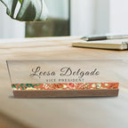 Artblox Personalized Office Desk Name Plate and Business Card Holder | Clear Acrylic Glass with Teak Wood Stand | Flower Stripe Design Customized with Your Name and Credentials Office Desk Décor - Image 5