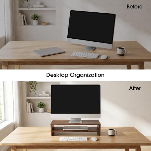 FITUEYES Wooden Monitor Stand Riser, 2-Tier Desk Storage Shelf, Brown - Image 6