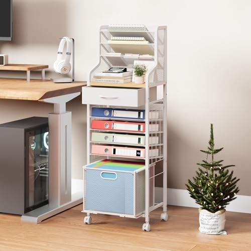 SWTYMIKI 10-Tier Rolling File Cart - Mesh Paper Organizer with Drawer and Hanging File Folders on Lockable Wheels, Rolling File Cabinet for Office Organization, Storage in Home, Studio, School, White - Image 2
