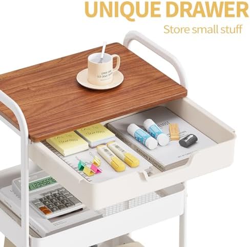 TOOLF 3 Tier Rolling Cart with Drawer, Metal Utility Storage Cart, White - Image 3