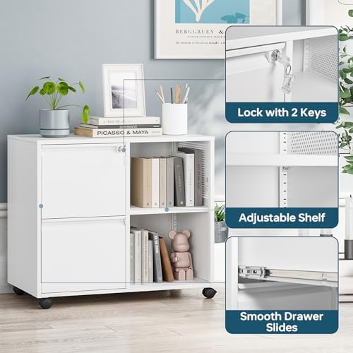 MIIIKO 2 Drawer File Cabinet with Lock, Metal Rolling Printer Stand Filing Cabinets with Drawers for Home Office,A4, Letter Size File Folders(White) - Image 4