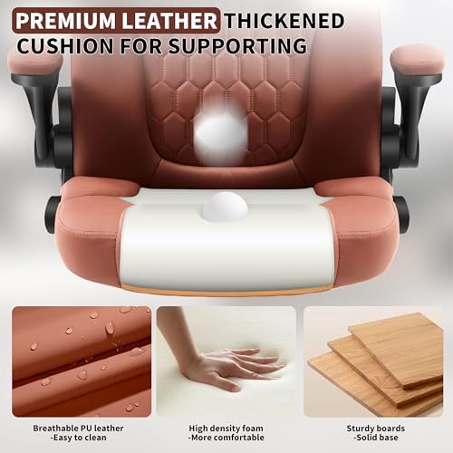Leather Office Chair Swivel Lumbar Support for Short People Brown - Image 4