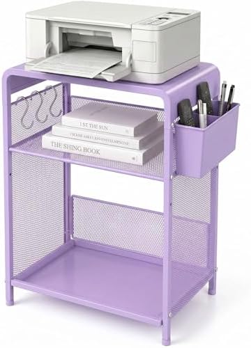 ECOLOVI Small 3 Tier Printer Stand for Under Desk, Height Adjustable Shelf Printer Table with 3 S-Hooks & Basket, Heavy Duty Industrial Storage Shelf for Home Office (Purple) by ECOLOVI