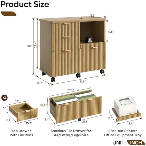 Bestier Filing Cabinet, 3 Drawer Wood File Cabinet for A4/Letter/Legal, Oak - Image 2