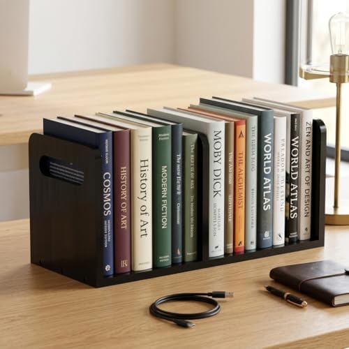 100% Solid Wood Adjustable Desktop Bookshelf with Movable Divider, Retro Tabletop Bookshelf with Convenient Handle Design for Living Room, Home, Office, Perfect for Magazine Book (Black) - Image 2
