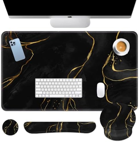 Britimes Keyboard Mouse Pad Set, 4 in 1 Desk Mat Set, Marble Black Gold by Britimes