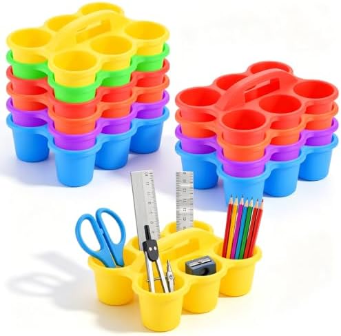 VZZNN 12 Pack Classroom Caddy Organizer with Handle Multicolor Plastic Table Caddy 6 Compartments Storage Cup Holder for School Supplies Art Crafts Crayons Pencils Stackable Desk Caddy for Office by VZZNN