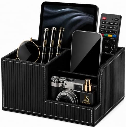 4-Compartment Faux Leather Pen Holder and Desk Organizer, Black by LADSEA