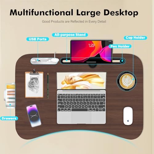 Lap Desk for Bed Adjustable Height, Foldable Bed Table with Storage Drawer, Tablet Slot & Cup Holder, Portable Laptop Stand for Bed & Sofa, Bed Desk for Adults & Kids, Walnut - Image 6