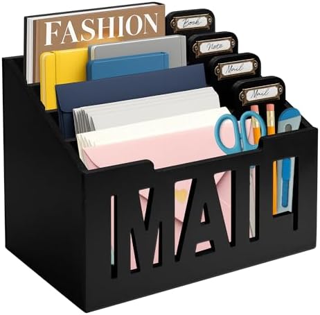 Mail Organizer Countertop, Desktop Mail Sorter with 4 Slots & Labels, Black by ADDFITHOUSE