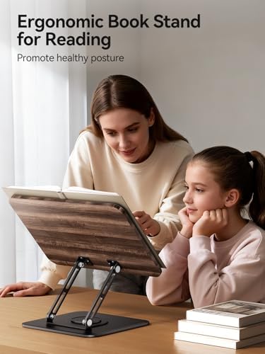 Tounee Book Stand, 360° Rotating Reading Book Holder, Adjustable Cookbook Holder for Reading Hands-Free, Foldable Desktop Recipe Book Stand with Protective Page Clips, Fits All Books - Black - Image 2