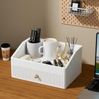 LADSTAG Office Desk Accessories,Beige White Vegan Leather Office Organizer with 1 Drawer & Tray,Pen Holder with Gold-Tone Metal Accents Knob for End Tables,Bedside Table,Bedroom. - Image 6