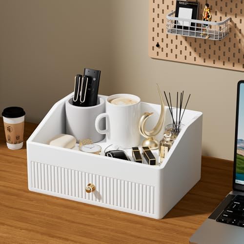 LADSTAG Office Desk Accessories,Beige White Vegan Leather Office Organizer with 1 Drawer & Tray,Pen Holder with Gold-Tone Metal Accents Knob for End Tables,Bedside Table,Bedroom. - Image 6