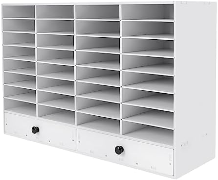 Mail Sorter Organizer, White Student Mailbox for Classroom, Desktop File Sorter, Literature Organizer, Paper Organizer for Home School Office (White 32 Compartment with 2 Drawers) by MhdunueSK