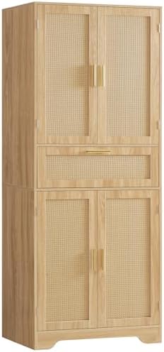 Iwell Tall Storage Cabinet with 2 Adjustable Shelves & Large Drawer, Rattan Cabinet with 4 Doors, Pantry Cabinets for Dining Room, Living Room, Home Office, Natural by IWELL
