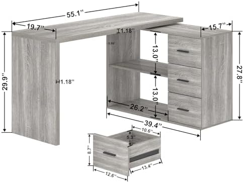 HSH Grey L Shaped Computer Corner Desk with 3 Storage Drawers 55 inch - Image 2