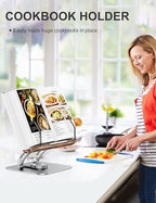 Tounee Book Stand for Reading, Adjustable Book Holder with 360° Swivel Base, Foldable Cookbook Stand Recipe Book Holder with Elastic Page Clips for Music Scores, Recipe, Tablet, Laptop-Silver - Image 3