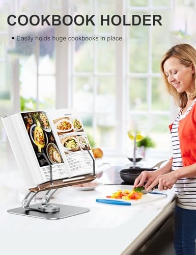 Tounee Book Stand for Reading, Adjustable Book Holder with 360° Swivel Base, Foldable Cookbook Stand Recipe Book Holder with Elastic Page Clips for Music Scores, Recipe, Tablet, Laptop-Silver - Image 3