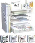 WALI Desk File Organizer, 6 Tier Desktop Paper Letter Tray Organizer with Drawer and 2 Pen Holders, Office Desk Accessories & Workspace Organizers for Office, Home Supplies(DO007DH-W), 1 Pack, White by WALI