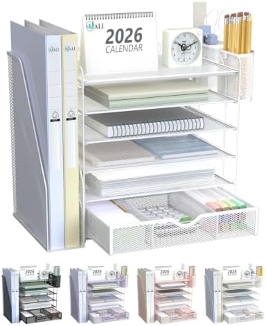 WALI Desk File Organizer, 6 Tier Desktop Paper Letter Tray Organizer with Drawer and 2 Pen Holders, Office Desk Accessories & Workspace Organizers for Office, Home Supplies(DO007DH-W), 1 Pack, White by WALI