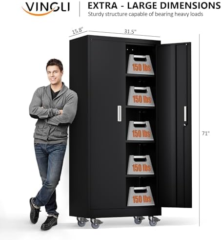 VINGLI Rolling Metal Storage Cabinet with Adjustable Shelves, 71'' Tall Garage Storage Cabinet with Wheels, Locking Tool Cabinets for Home Office Garage Gym School (Black) - Image 3