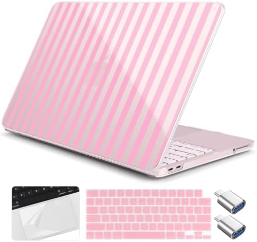 for MacBook Neo 13 inch Case 2026 (Model A3404, A18 Pro) Precision Fit & Scratch Unique Design Hard Shell, Keyboard Cover, Trackpad Protector, 2 OTG Adapter, for Women Cute, Pink Stripes by Yebiseven