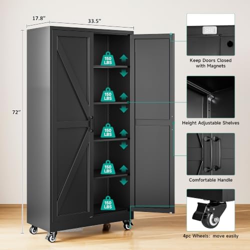 Wide & Deep Metal Storage Cabinet with Wheels,72 inch Tall Rolling Garage Storage Cabinet,Metal Cabinets with Wheels and Shelves, Deep Heavy Duty Tool Cabinet for Garage,Home,Office,Shop (Black) - Image 2