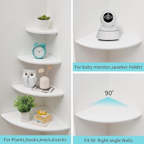 Corner Wall Shelves, White Floating Corner Shelf, Set of 2 16inch Solid Oak Wood Shelves, Round End Wall Mount Display Shelf with Wire Hole for Small Plant for Bedroom Kitchen, Living Room - Image 3