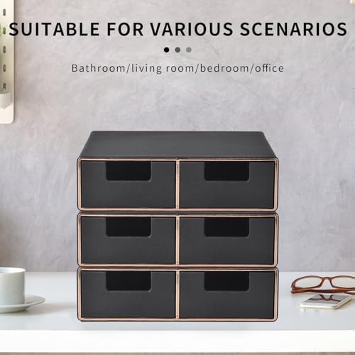 Linen Leather Desk Organizer and monitor stand with Drawers－Mini Desktop Drawer Organizer Stackable－Tabletop Organization Storage Box for Office Supplies Home Vanity Toiletries (Black, 2-drawers) - Image 4