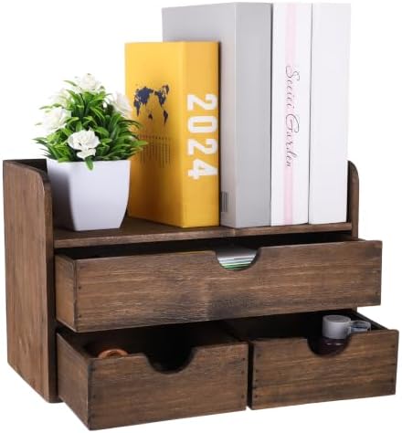 Wooden Desk Organizer with Drawers, Wood Makeup Organizer and Mail Rack for Desktop, 3-Tier Vintage Storage Caddy with Top Shelf for Office Supplies, Vanity, Bedroom, No Assembly, 13 x 6.7 x 8.6 in by Unknown