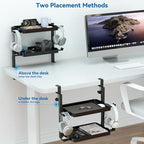KDD Clamp On Desk Organizer - Adjustable 2-Tier Above or Under Desk Shelves with Large Capacity Tray, Phone & Tablet Holder, Headphone Hook - No Drilling Desktop Storage for Office & Home Accessories - Image 4
