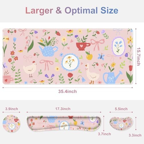 Large Gaming Mouse Pad Set, Adorable Style 4 in1 Ergonomics Keyboard Desk Mat with Memory Foam Wrist Rest, Extended Game Mousepad, Non-Slip Desk Pad Matt Easy Typing Pain Relief I Pink Girly - Image 3