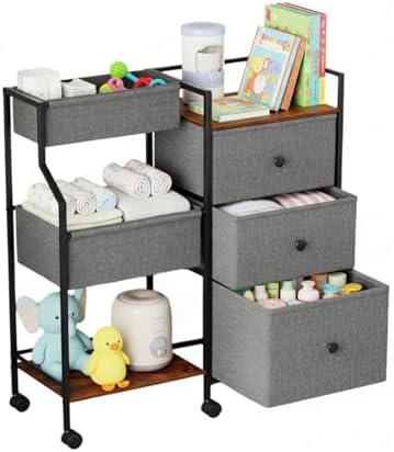 PandaEar Baby Diaper Caddy Organizer and Storage, 3-Tier Rolling Nursery Cart with Drawers & Dividers, Mobile Utility Storage Cart with Wheels for Baby Essentials, Bedroom, Changing Table, Darkgrey by PandaEar