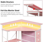 VENNQD Corner Desk with Drawers Shelves for Small Space 90 Degrees Triangle Computer Desk with Power Outlets,Gaming Desk with LED Lights Monitor Stand for Home Office Workstation Writing Table (Pink) - Image 5