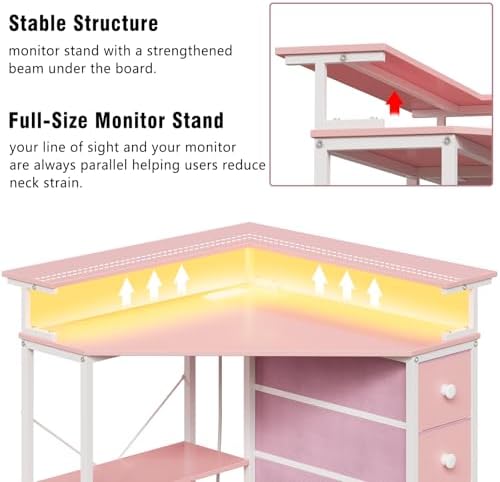 VENNQD Corner Desk with Drawers Shelves for Small Space 90 Degrees Triangle Computer Desk with Power Outlets,Gaming Desk with LED Lights Monitor Stand for Home Office Workstation Writing Table (Pink) - Image 5